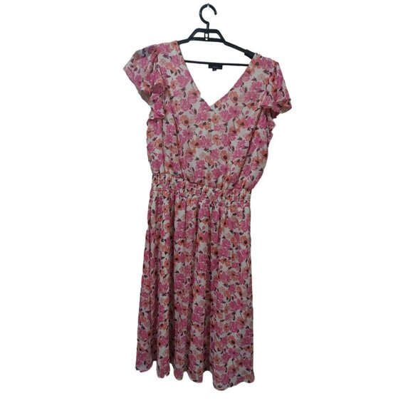 MSK Women’s V-Neck Floral Dress 2X Pink & White Short-Sleeve Empire Waist - Picture 1 of 7